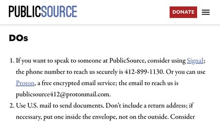 Screenshot from PublicSource's tip page providing information about how to reach out using Signal
