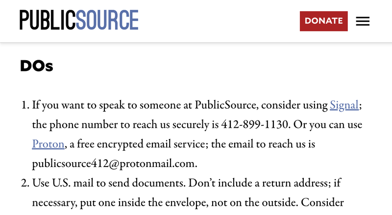 Screenshot from PublicSource's tip page providing information about how to reach out using Signal