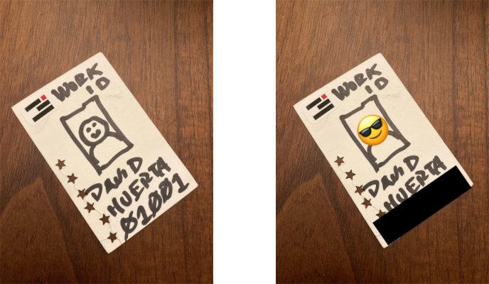 A side-by-side comparison of an original image and its redacted version with an emoji covering a face and black rectangle covering a name