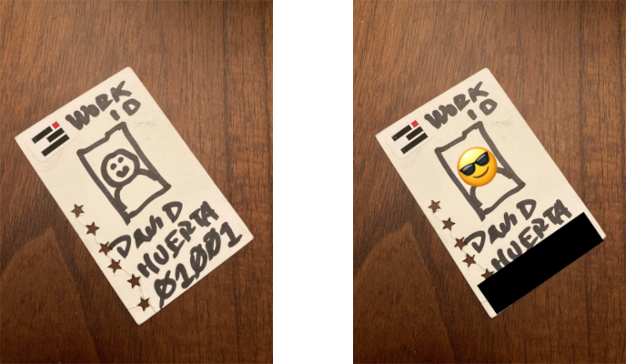 A side-by-side comparison of an original image and its redacted version with an emoji covering a face and black rectangle covering a name