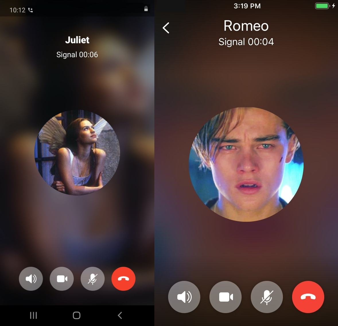 Screenshot of both iOS and Android versions of Signal in an audio call, side-by-side.