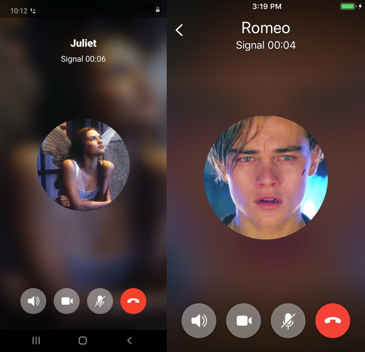 Screenshot of both iOS and Android versions of Signal in an audio call, side-by-side.