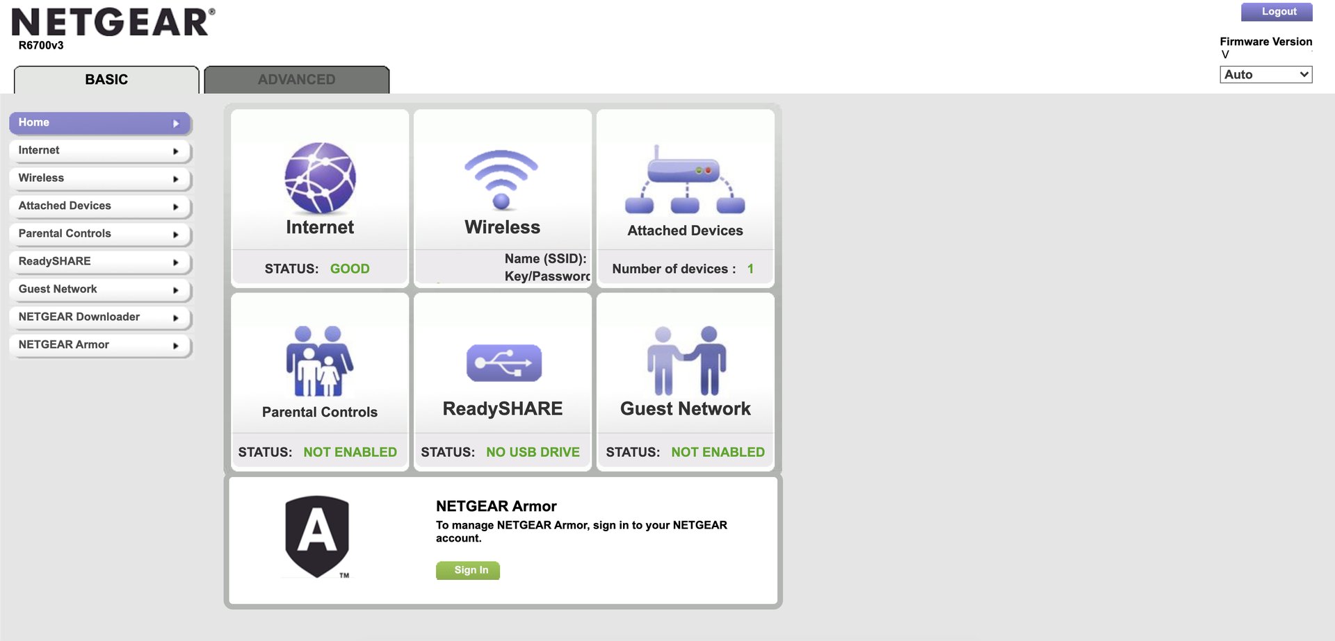 Screenshot of the router's landing interface