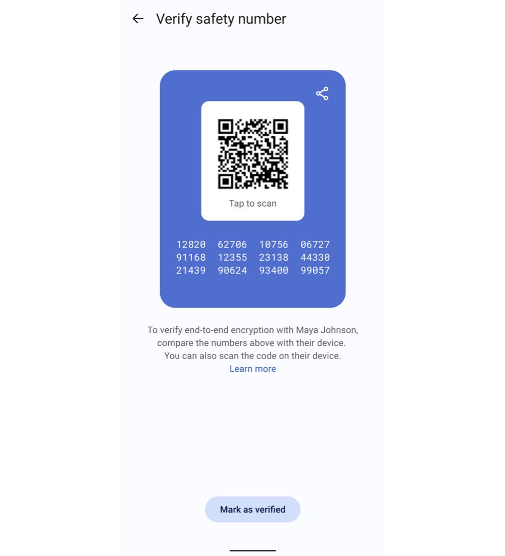Screenshot of safety number settings within the Signal app.