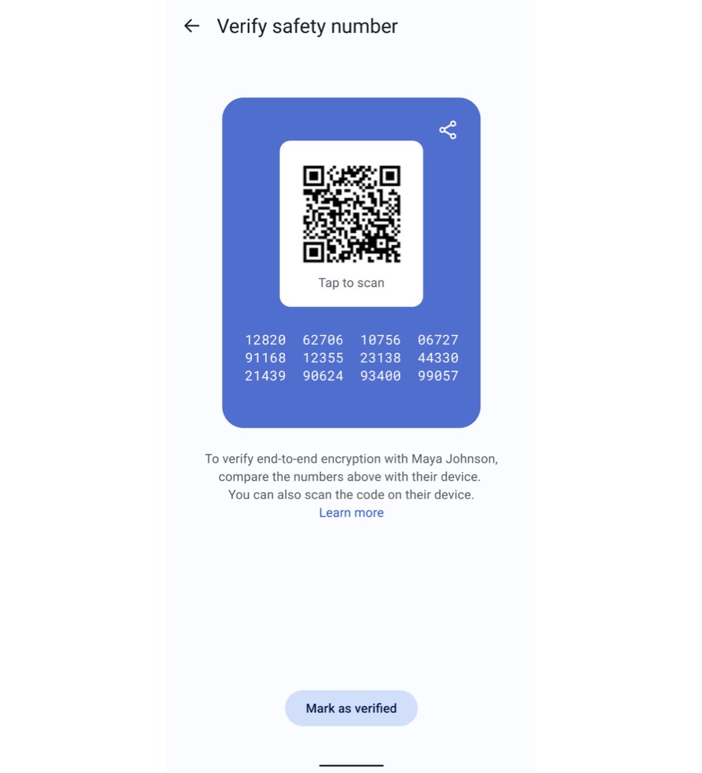 Screenshot of safety number settings within the Signal app.