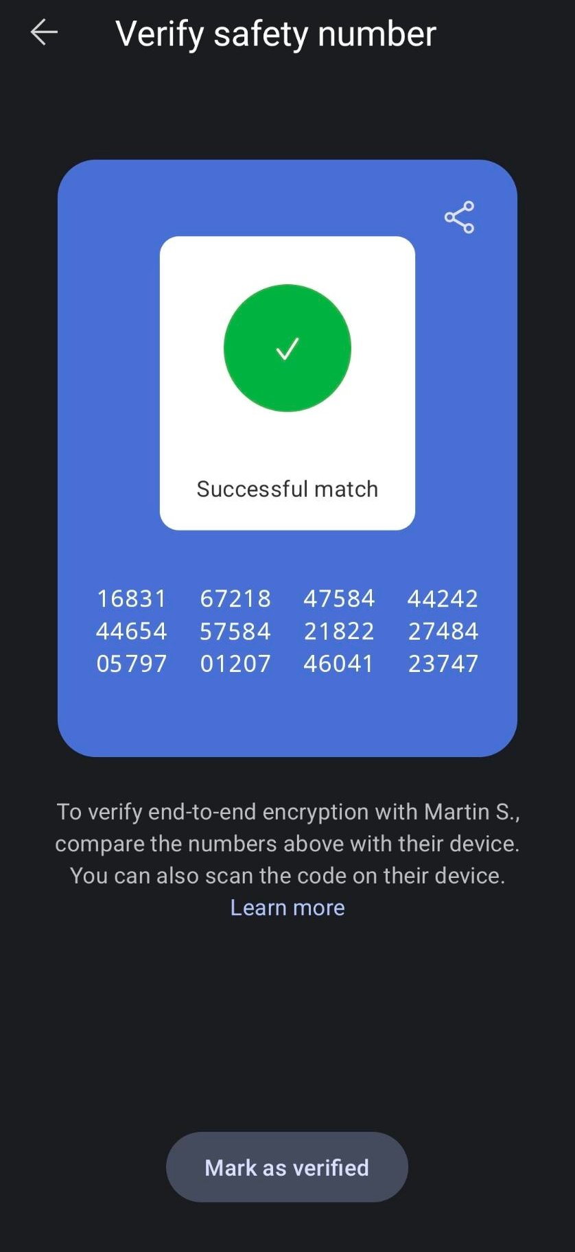 Screenshot of a "Verify safety number" page within Signal conversation settings depicting a "Successful match" after the user scans their partner's safety number QR code