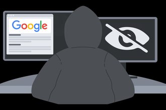 An illustration by Freedom of the Press Foundation showing a figure from the rear in a hooded sweatshirt seated between two monitors, one showing a Google search page and the other showing an illustrated black and white eye with a line through it.