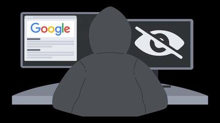 An illustration by Freedom of the Press Foundation showing a figure from the rear in a hooded sweatshirt seated between two monitors, one showing a Google search page and the other showing an illustrated black and white eye with a line through it.
