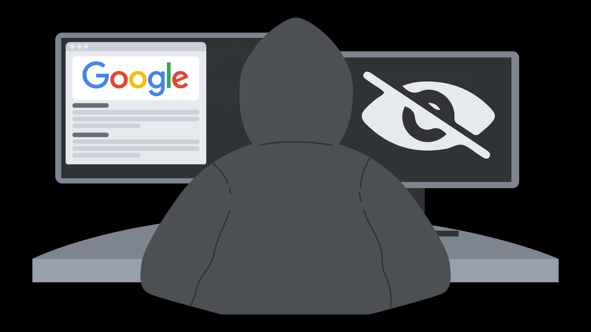An illustration by Freedom of the Press Foundation showing a figure from the rear in a hooded sweatshirt seated between two monitors, one showing a Google search page and the other showing an illustrated black and white eye with a line through it.