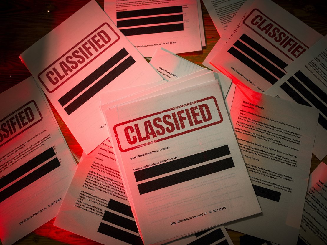 A pile of classified redacted documents