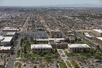 Aerial view of Downtown Phoenix Arizona, with the State Capitol prominent