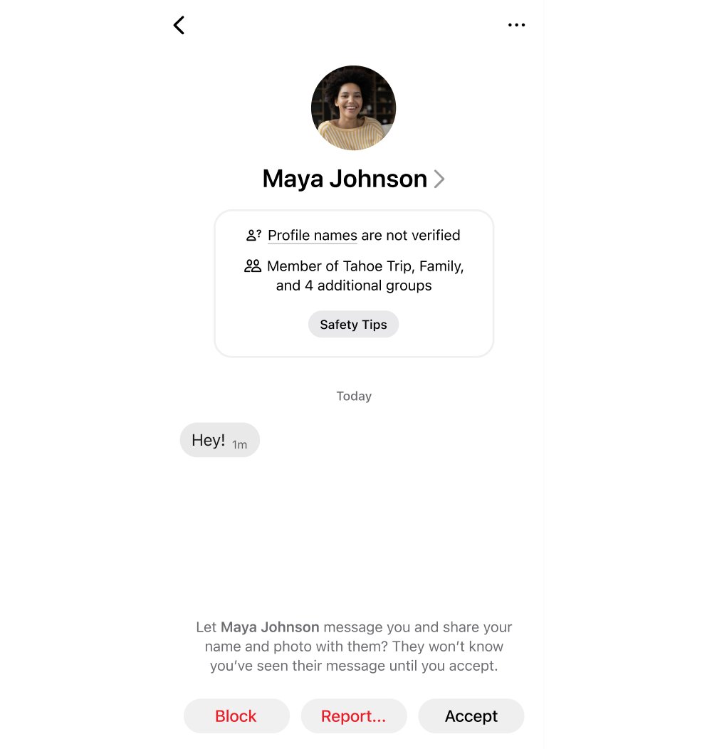 Screenshot from a Signal message reuqest that includes a text box reading, "Profile names are not verified" from a user labeled Maya Johnson who sends the text, "Hey!"