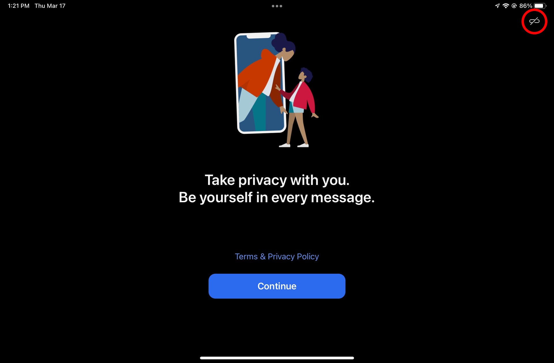 Screenshot of the Signal app landing screen on iPad, with a small link icon circled in the top right corner.