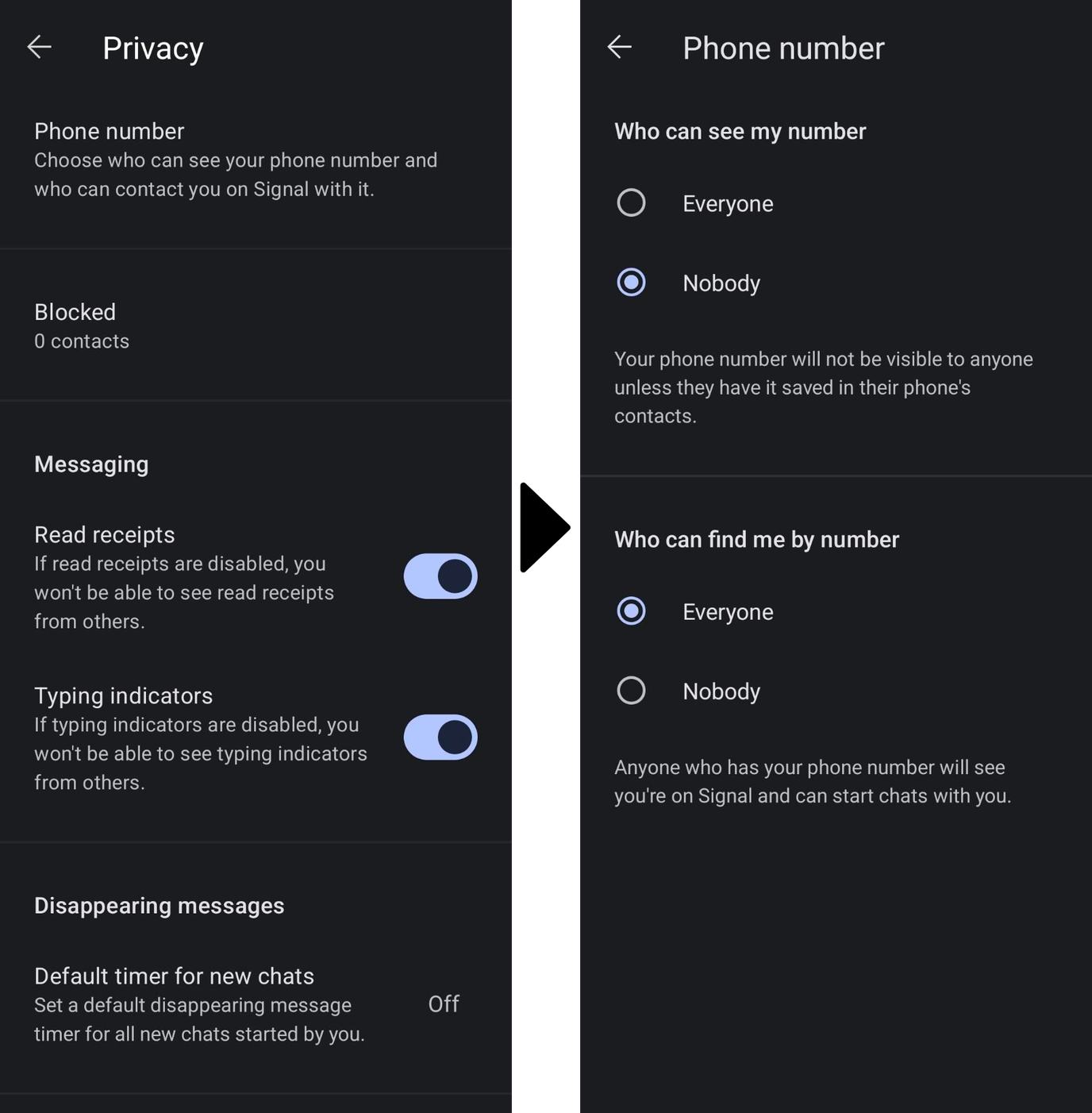 Screenshot of Signal's phone number visibility settings