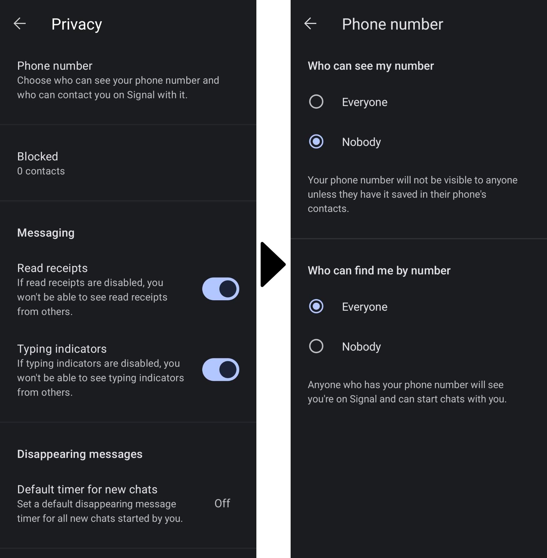 Screenshot of Signal's phone number visibility settings