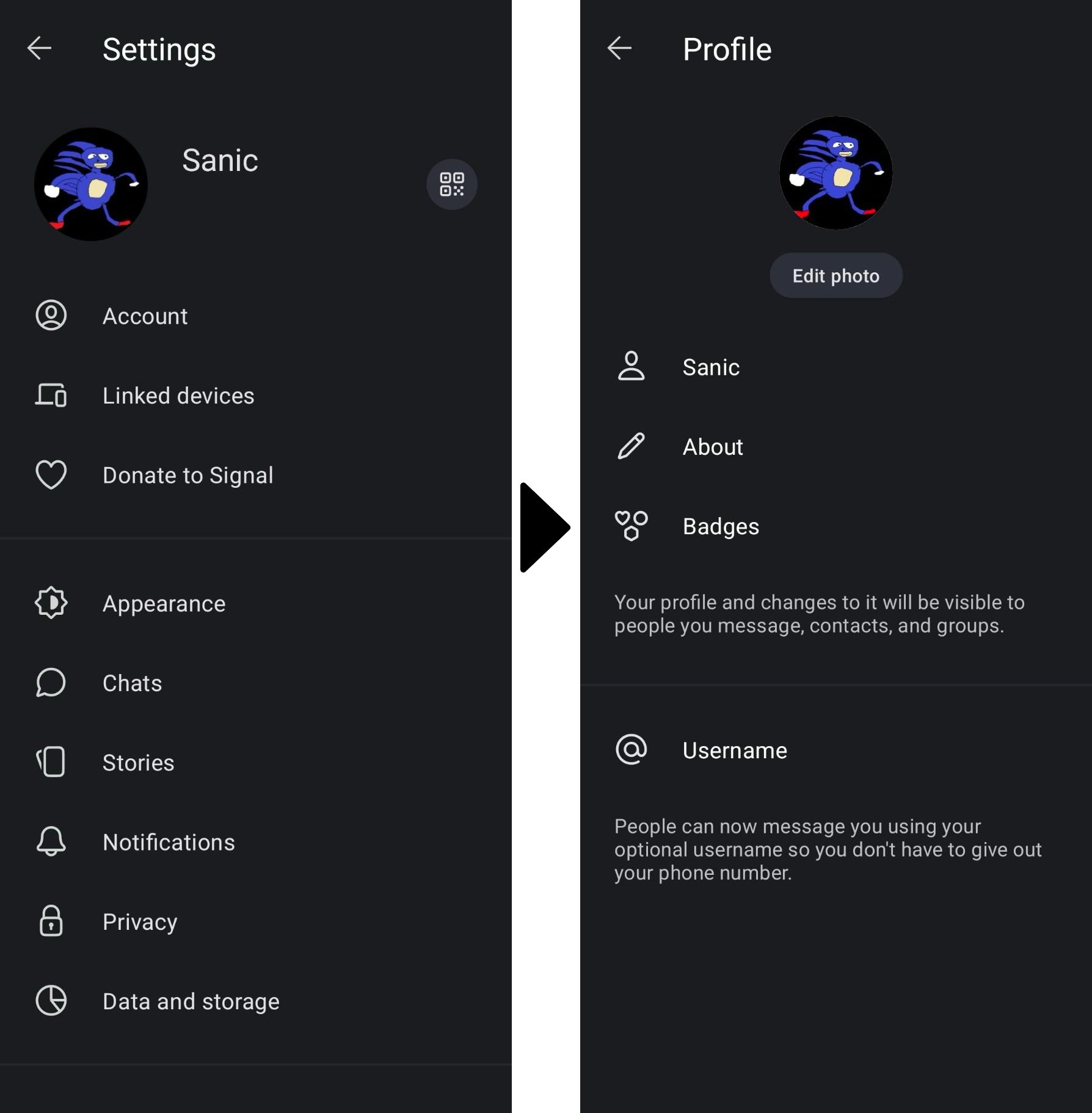 Screenshot of the username selection screen in Signal's settings