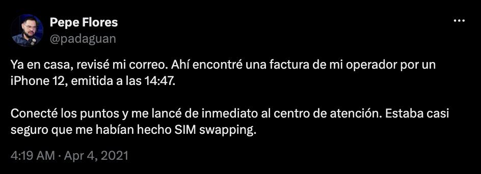 Una captura de pantalla de Pepe Flores describiendo cómo se enteró, a través de su operador telefónico, de que alguien le había robado la tarjeta SIM.
