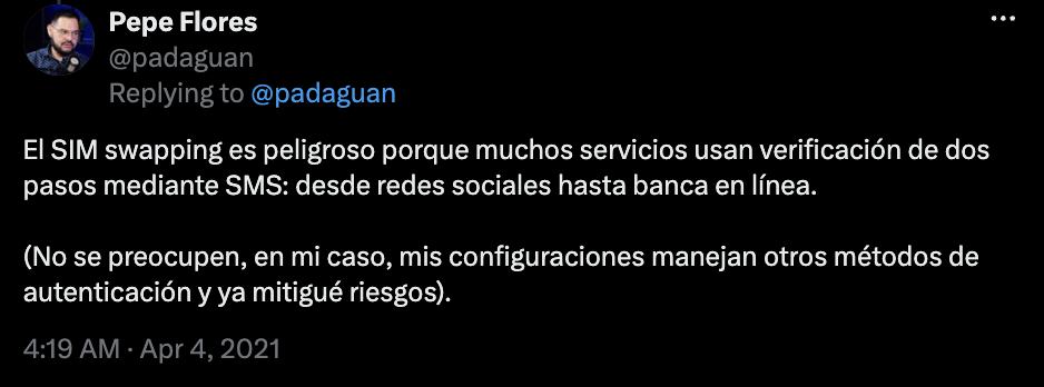 Una captura de pantalla de una publicación en redes sociales de Pepe Flores que advierte que el robo de tarjetas SIM es peligroso, ya que los SMS se utilizan para la autenticación de dos factores al iniciar sesión en cuentas.