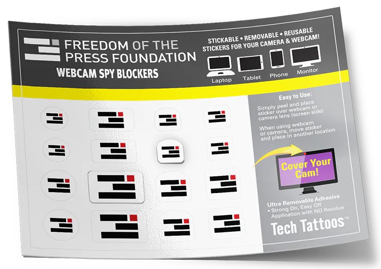Sticker sheet labelled Freedom of the Press Foundation "webcam spy blockers"