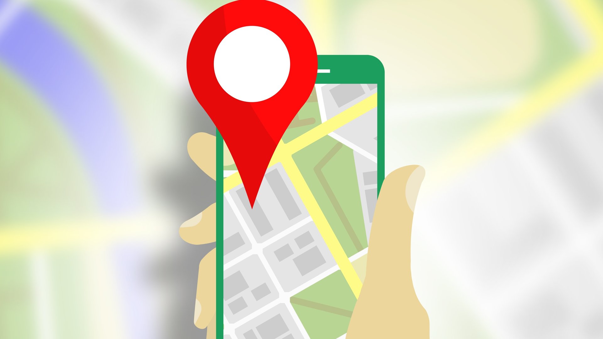 An image of an animated hand holding up a phone with a location pin over a map.