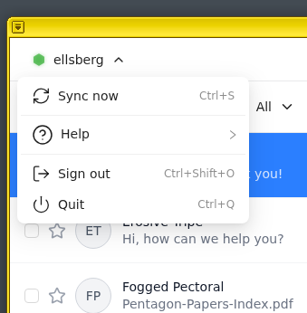 Screenshot of a menu in SecureDrop Inbox with the option to start a sync