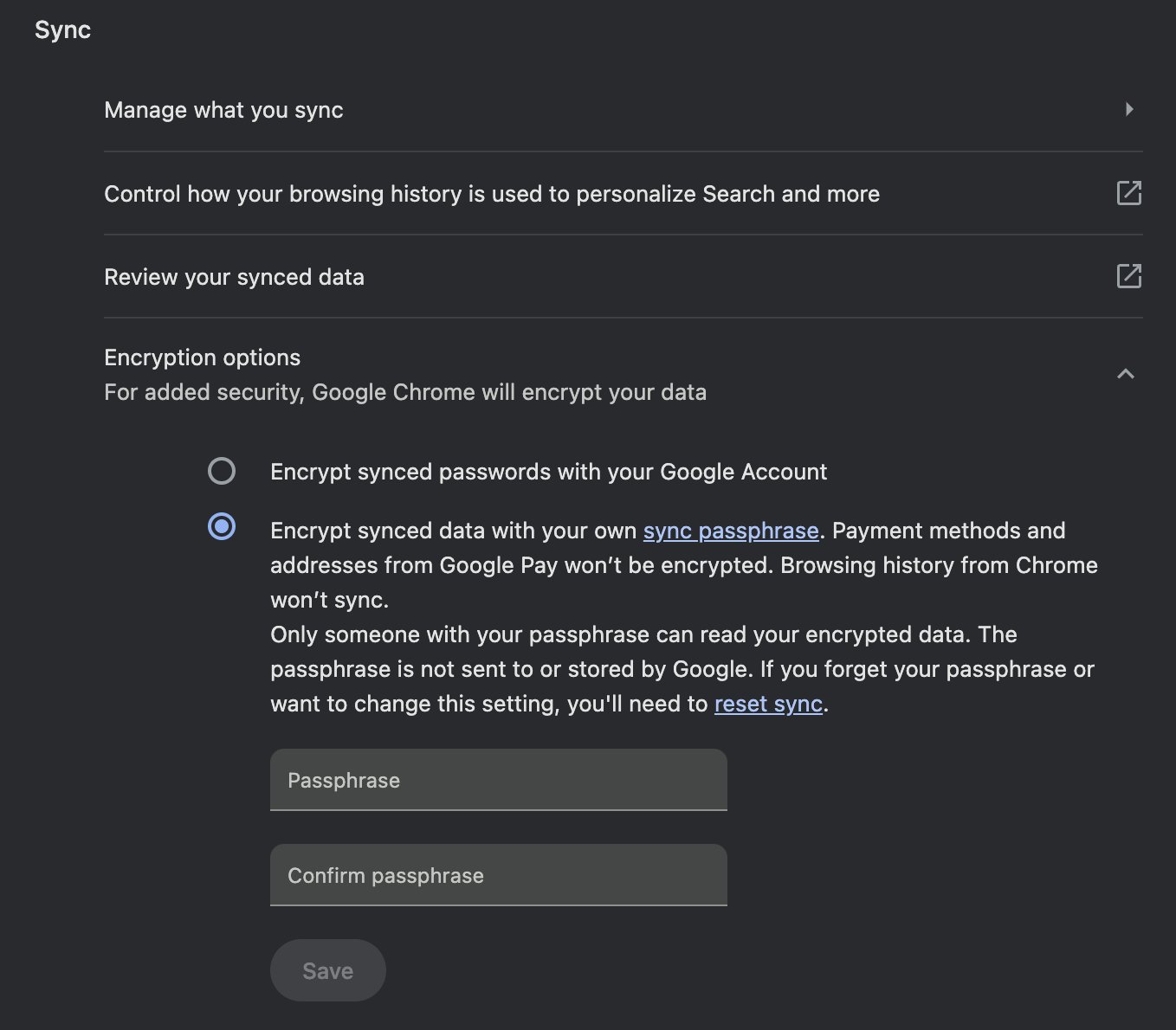 Sync settings in Google Chrome, showing the option to "Encrypt synced data with your own sync passphrase" under "Encryption options"