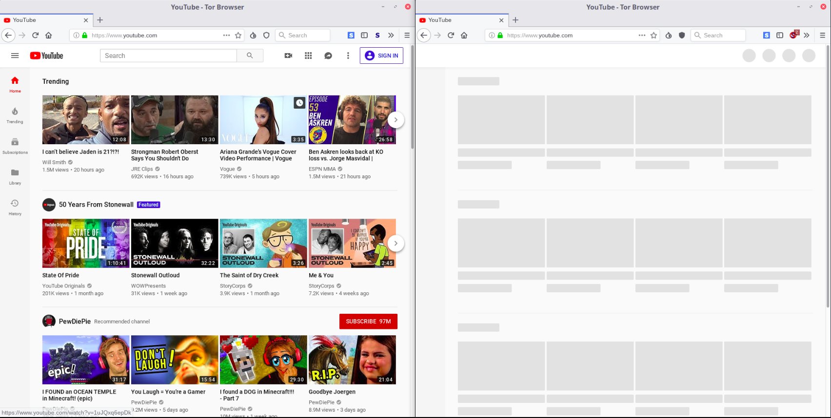 A side-by-side view of a version of youtube.com with all features enabled, versus the "safest" version, which appears blank.