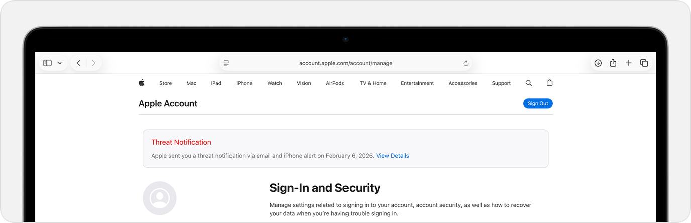 Threat notification banner on Apple Account landing page