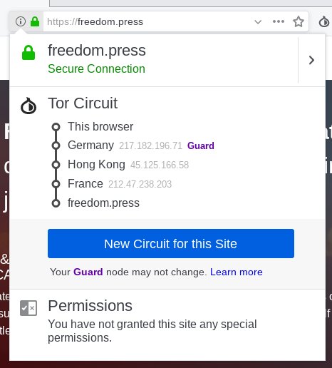 Screenshot of a Tor Browser circuit, showing its connection to freedom.press through multiple random servers around the world — in this case, a server in Germany, Hong Kong, and France, before the connection exits to freedom.press.