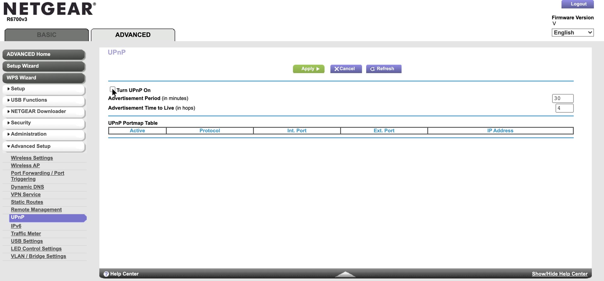 Screenshot of a router's Universal Plug and Play settings page, with a mouse checking the box into the "disabled" position.