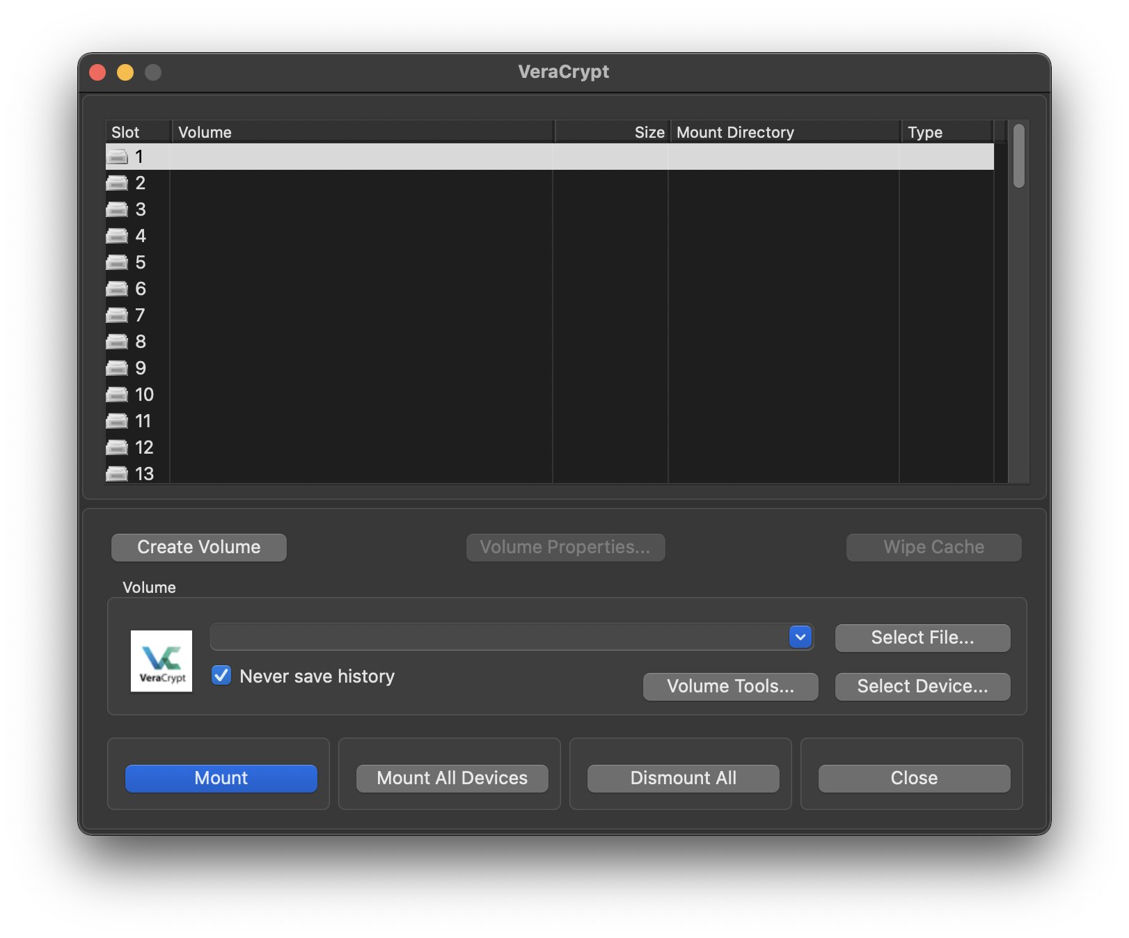 VeraCrypt start screen with no drives mounted.