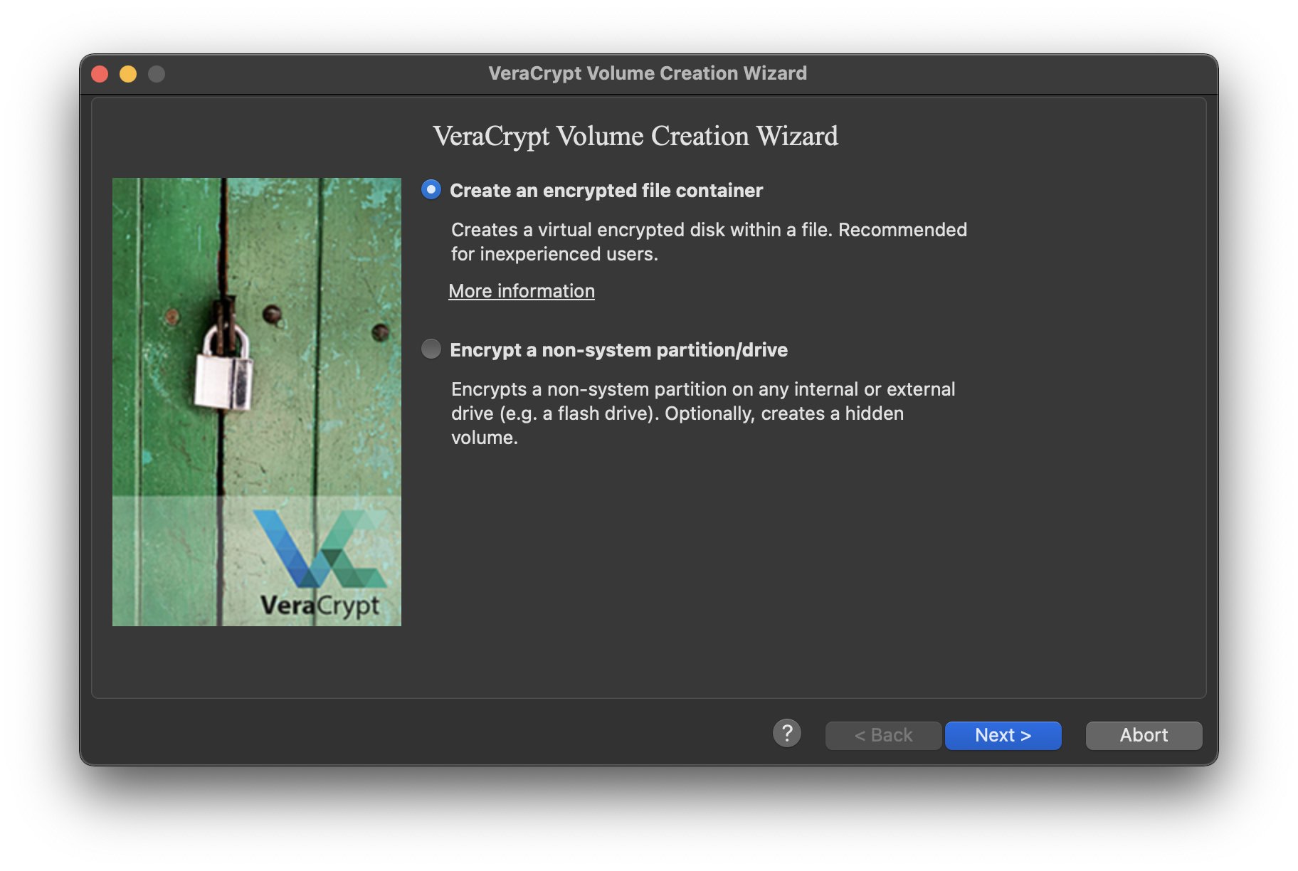 Veracrypt prompting to either encrypt a container or drive, with container selected