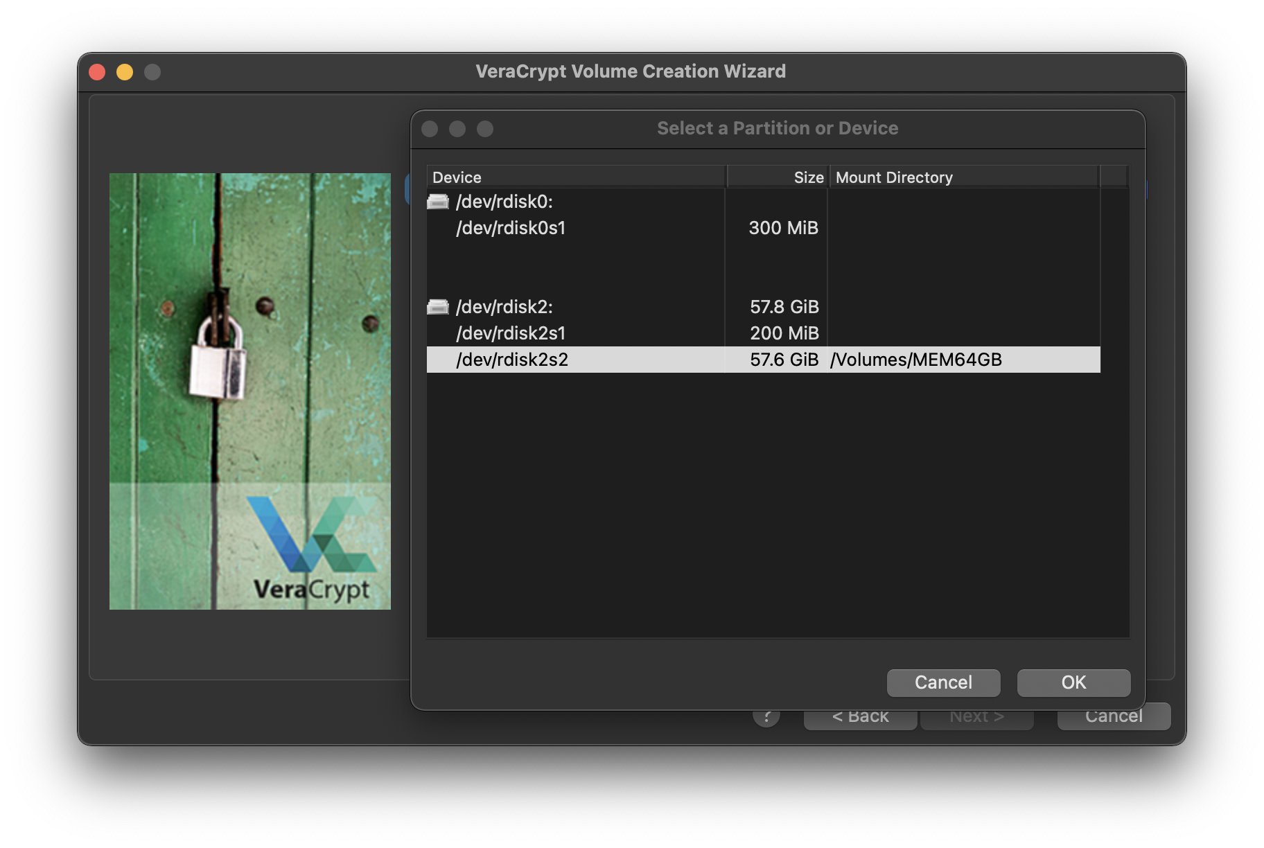 VeraCrypt wizard showing a list of attached drives and partitions, with largest USB drive partition selected.