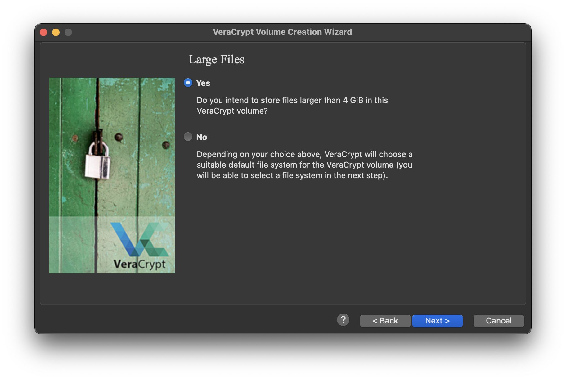 VeraCrypt wizard asking if large files will be stored in the encrypted volume.