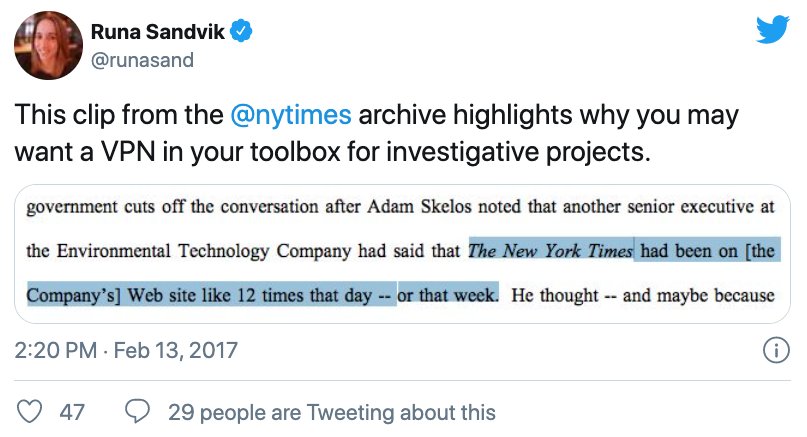 A screen capture of a post on X from security researcher Runa Sandvik, captioned, "This clip from the New York Times archive highlights why you might want a VPN in your toolbox for investigative projects."