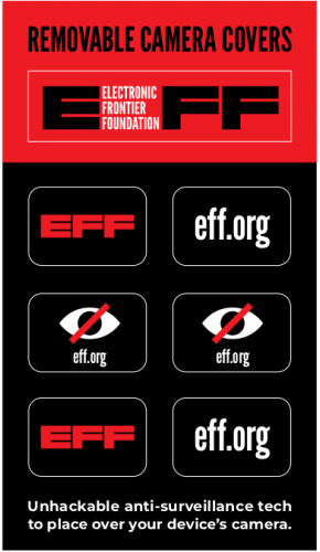 Webcam stickers featuring the Electronic Frontier Foundation's logo in black and red.