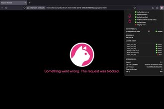 Screenshot showing the WEBCAT logo in the center, the text ""Something went wrong. The request was blocked", and an extension panel showing an error during verification.