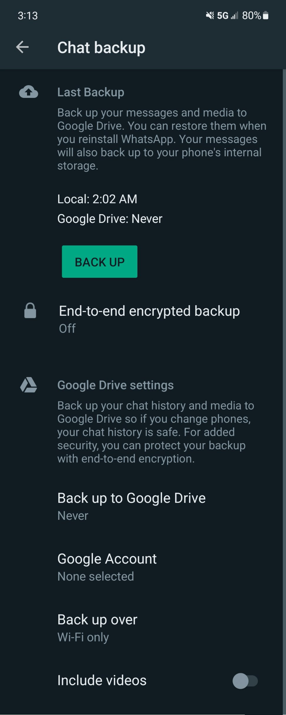 Screenshot of "Chat backup" settings.