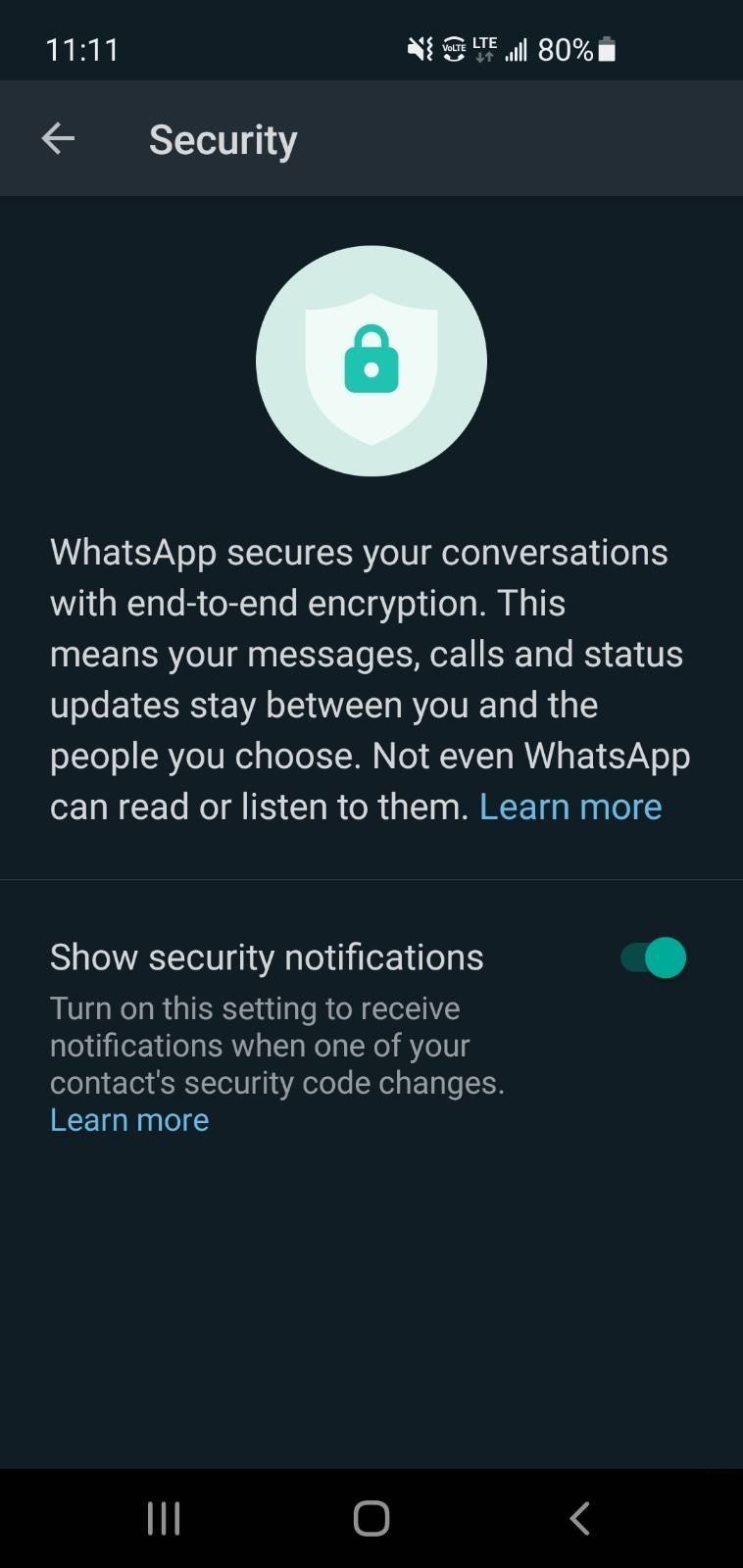 Scxreenshot of the security settings page, with the "Show security notifications" settings toggle in the "enabled" position.