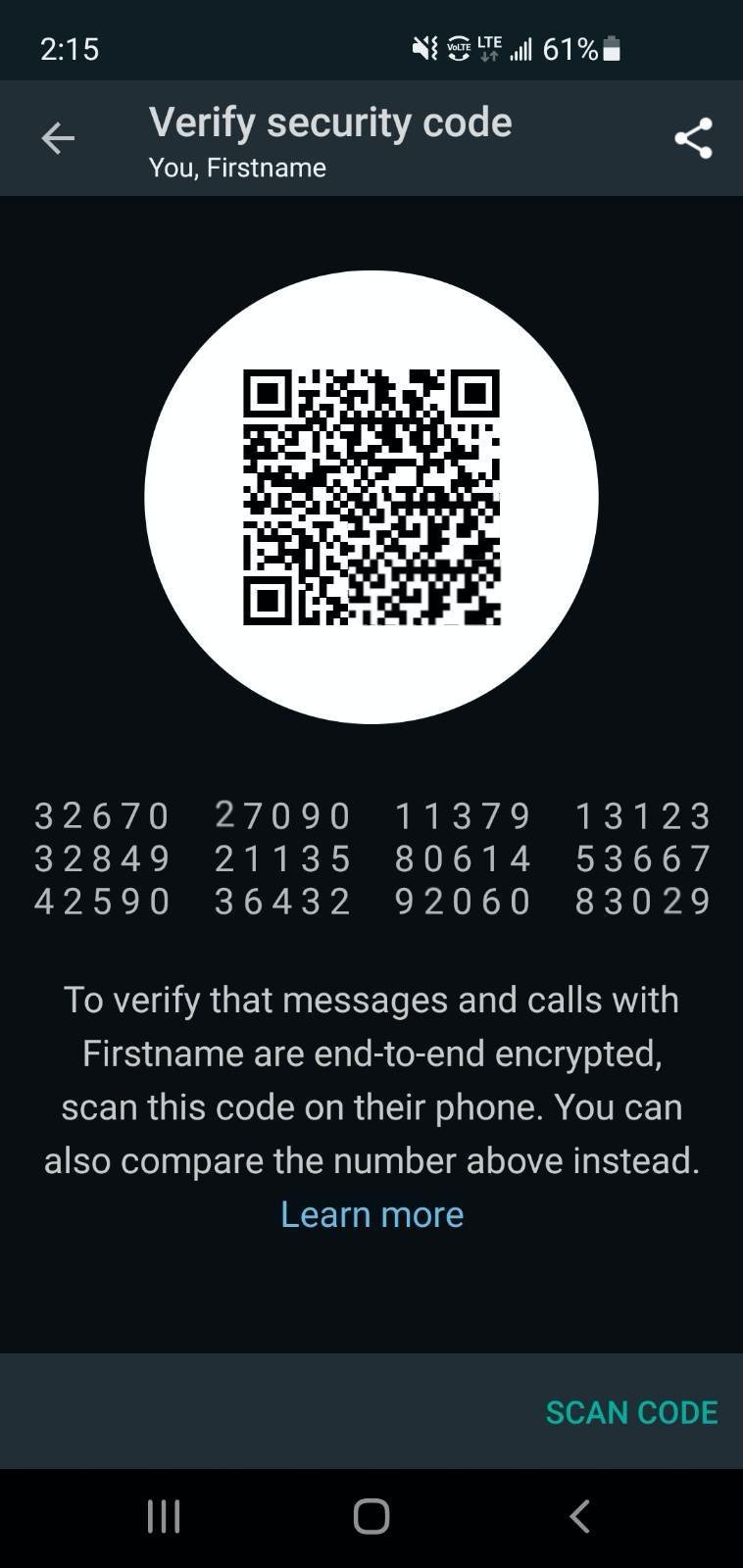 Screenshot of a "Vertify security code" settings screen, displaying a numeric code and QR code.