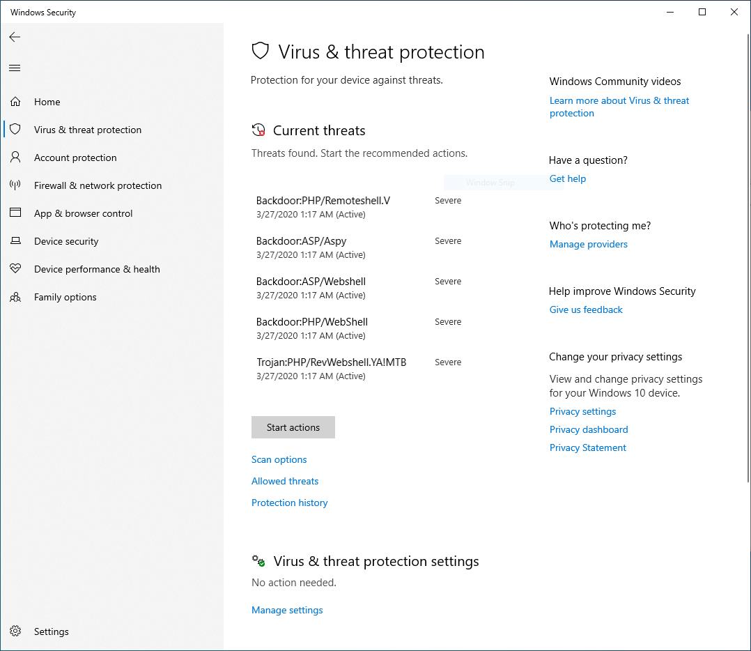 A screenshot showing the "Virus & threat protection" section of Windows Security in the Windows settings panel.